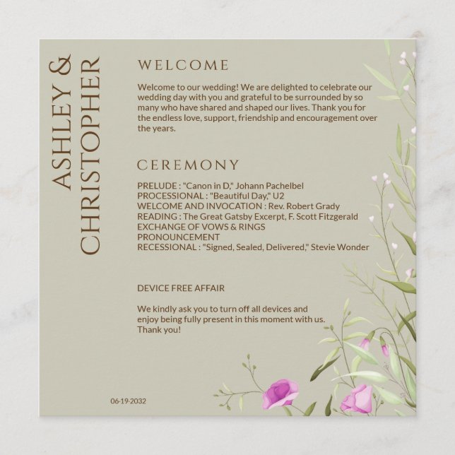 Elegant Modern Wildflower Taupe Wedding Programme (Front)