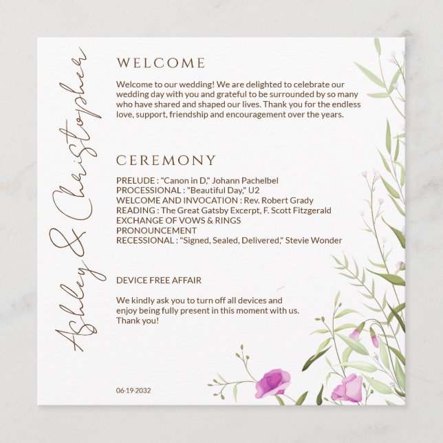 Elegant Modern Wildflower White & Bronze Wedding Programme (Front)