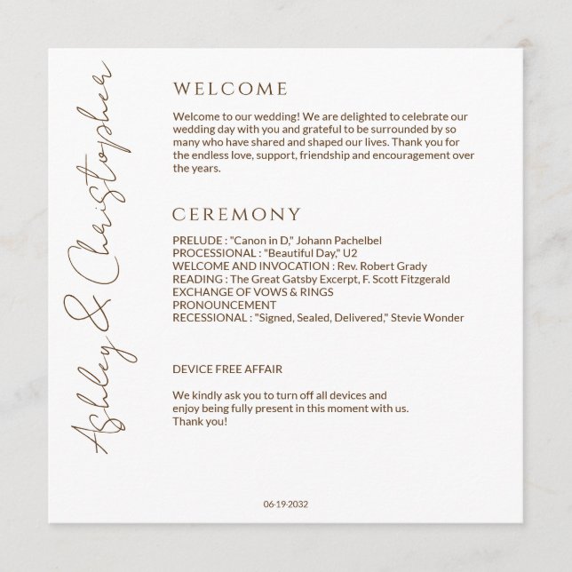 Elegant Modern Wildflower White & Bronze Wedding Programme (Front)