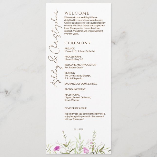 Elegant Modern Wildflower White & Bronze Wedding Programme (Front)
