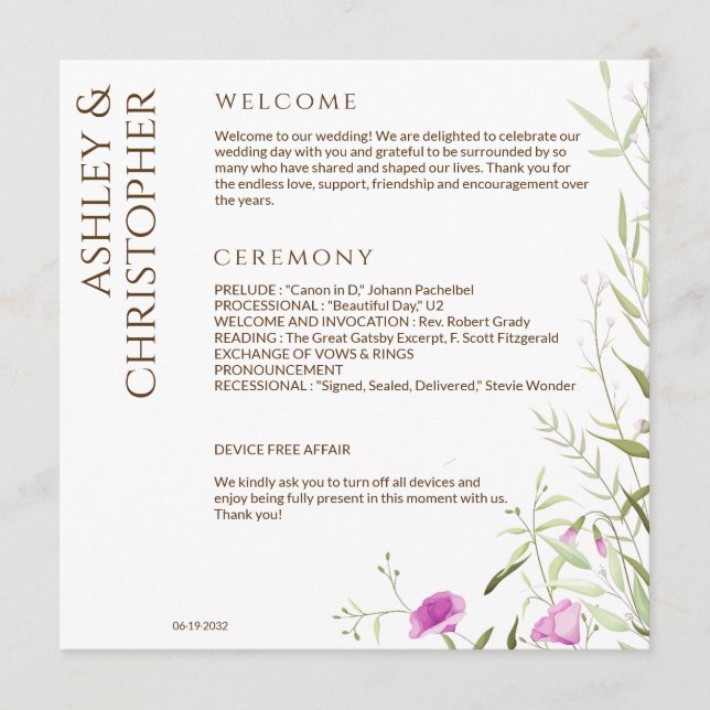 Elegant Modern Wildflower White & Bronze Wedding Programme (Front)
