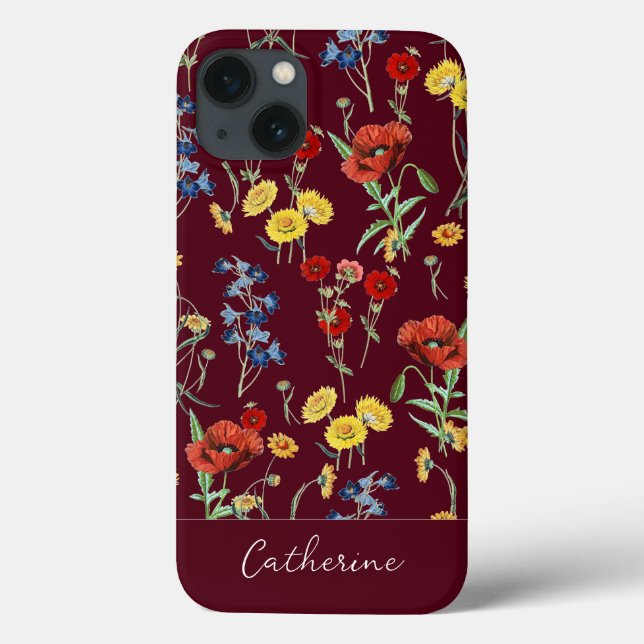 Elegant Modern Wildflowers Name Burgundy Case-Mate iPhone Case (Back)