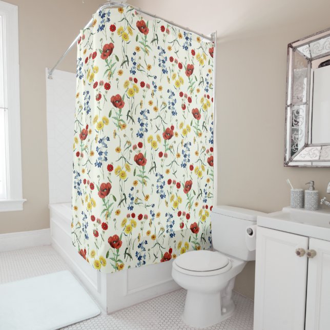 Elegant Modern Wildflowers White Shower Curtain (In Situ)