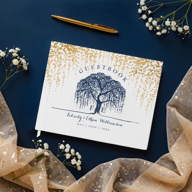 Elegant Modern Willow Tree Navy Blue Gold Wedding Guest Book (Elegant Modern Willow Tree Navy Blue Gold Wedding Guest Book)
