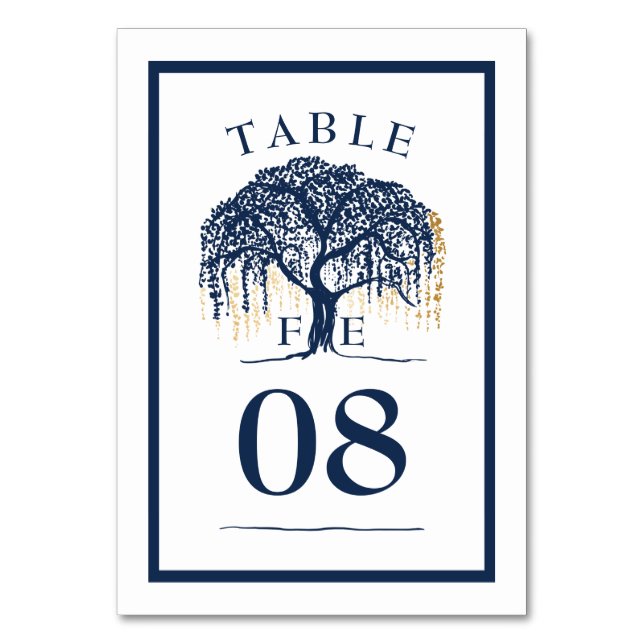 Elegant Modern Willow Tree Navy Blue Gold Wedding Table Number (Front)