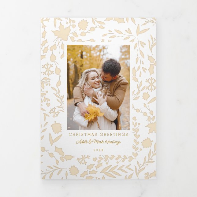 Elegant Modern Winter Botanical Photo-Gold Tri-Fold Card (Cover)
