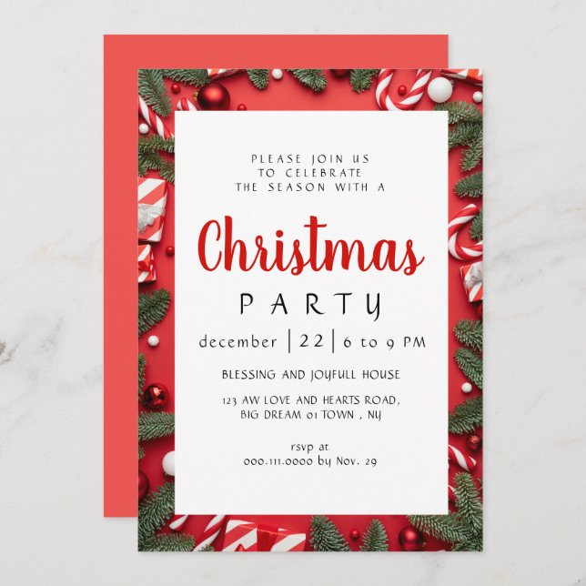 Elegant Modern Winter Greenery  Christmas Party Invitation (Front/Back)