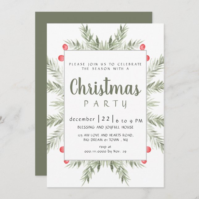 Elegant Modern Winter Greenery Christmas Party Invitation (Front/Back)
