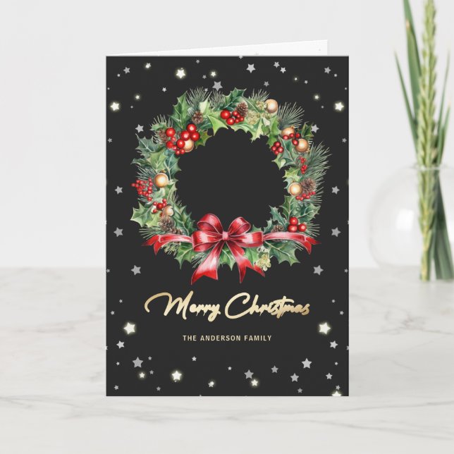 Elegant Modern Wreath Black Photo Merry Christmas Holiday Card (Front)