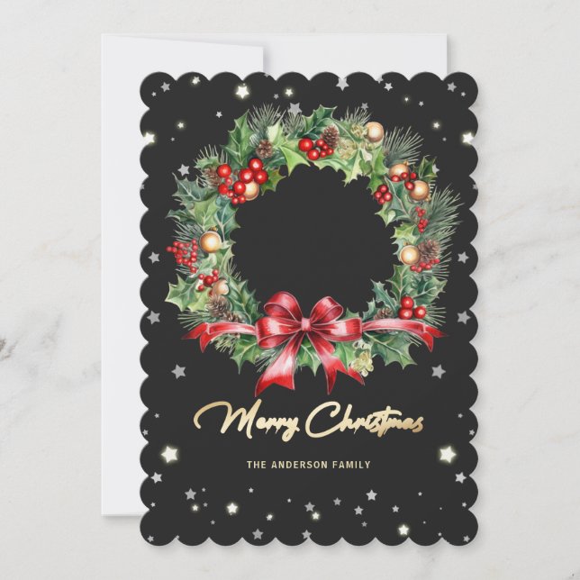 Elegant Modern Wreath Black Photo Merry Christmas Holiday Card (Front)