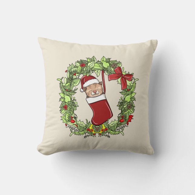 Elegant Modern Wreath Christmas Kitten in Stocking Cushion (Front)