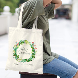 Elegant Modern Wreath Family Name Merry Christmas Tote Bag