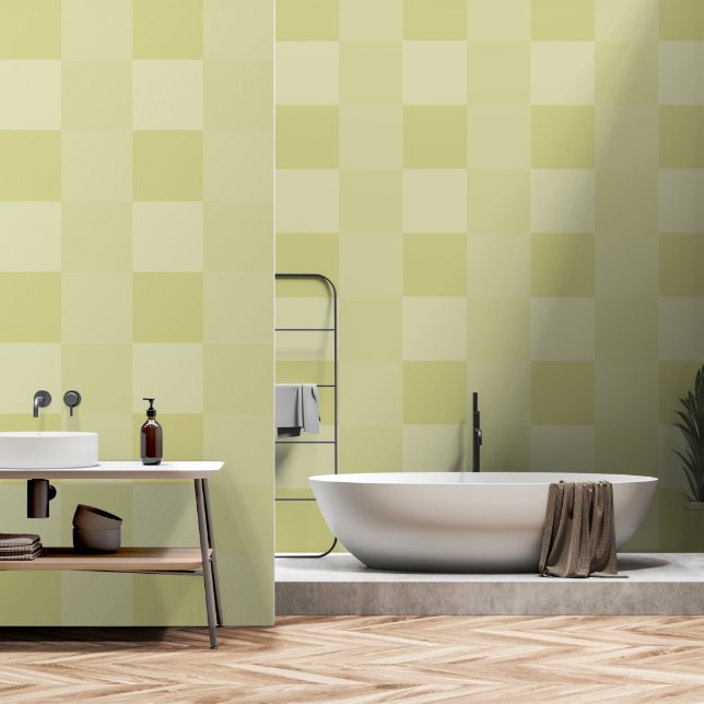 Elegant Modern Yellow Green Mist Geometric Squares Wallpaper (Bathroom)