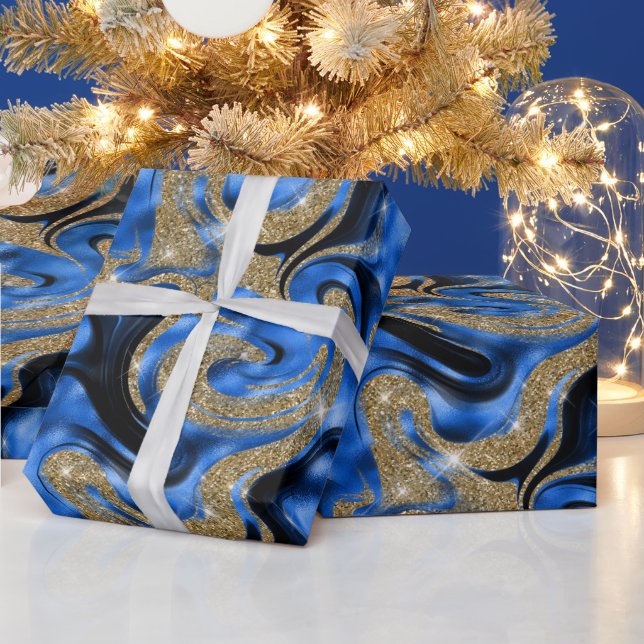 Elegant Molten Blue  and Gold Glitter Birthday Wrapping Paper (Holidays)