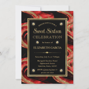 Elegant Molten Red and Gold Glitter Sweet 16 Invitation