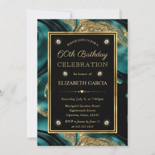 Elegant Molten Teal and Gold Glitter 60th Birthday Invitation