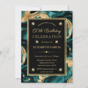 Elegant Molten Teal and Gold Glitter 60th Birthday Invitation