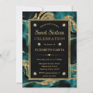 Elegant Molten Teal and Gold Glitter Sweet 16 Invitation