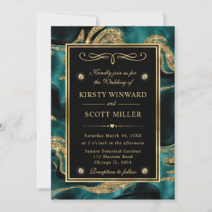 Elegant Molten Teal and Gold Glitter Wedding Invitation