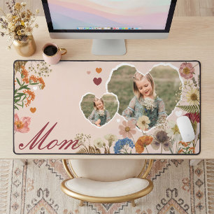 Elegant Mom Floral Wildflower Heart Photo Collage  Desk Mat