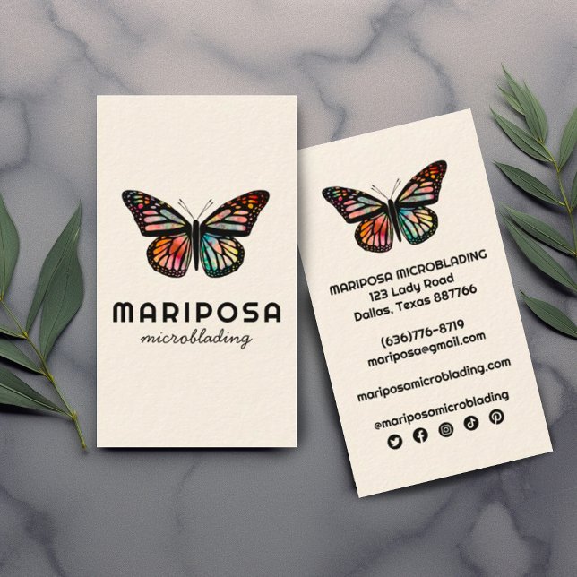 Elegant Monarch Butterfly Aesthetician Beauty Salo Business Card (Beautiful watercolor butterflies decorate these custom business cards with social media icons)