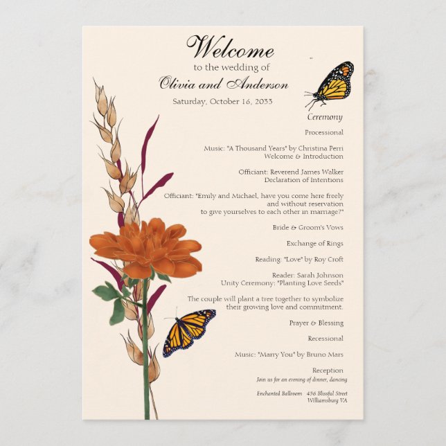 Elegant Monarch Butterfly Fall Floral Wedding Programme (Front)