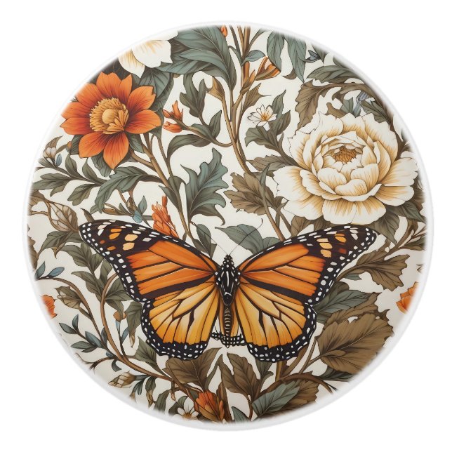 Elegant Monarch Butterfly William Morris Inspired Ceramic Knob (Front)