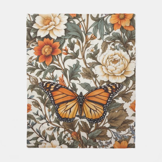 Elegant Monarch Butterfly William Morris Inspired  Fleece Blanket (Front)