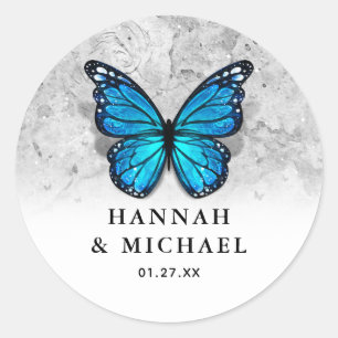 Elegant Monarch Template Blue Butterfly Wedding Classic Round Sticker