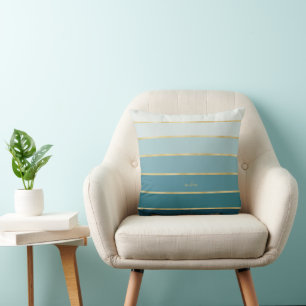 Elegant Monochromatic Gradient Teal Gold Stripes Cushion