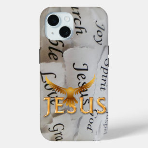 Elegant Monochrome Bible Gold Dove Jesus iPhone 15 Case