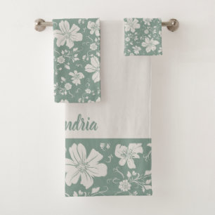 elegant monochrome floral pattern green bath towel set