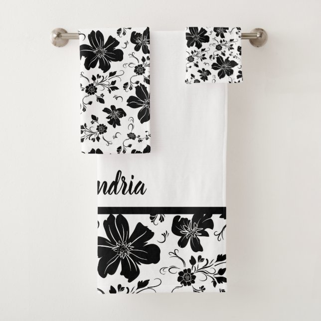 elegant monochrome floral pattern white black bath towel set (Insitu)
