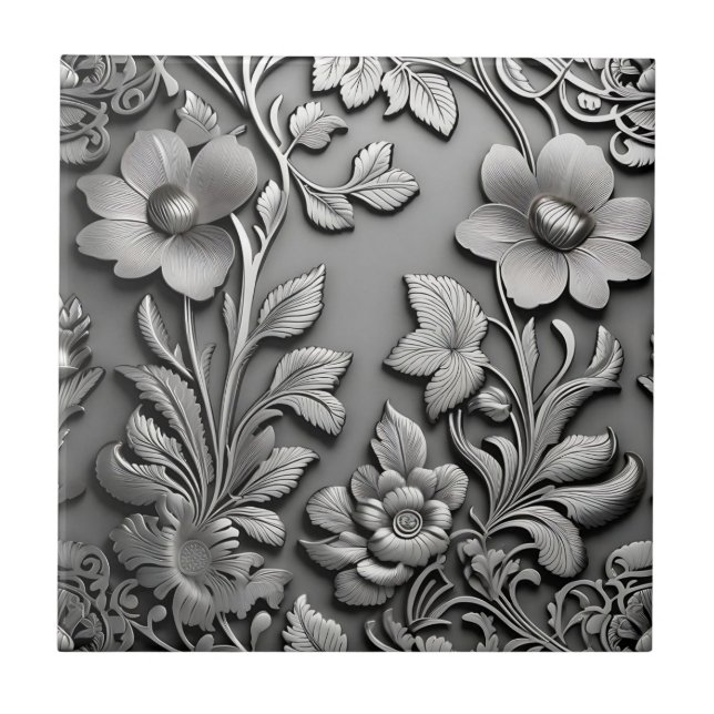 Elegant Monochrome Flowers Tile (Front)