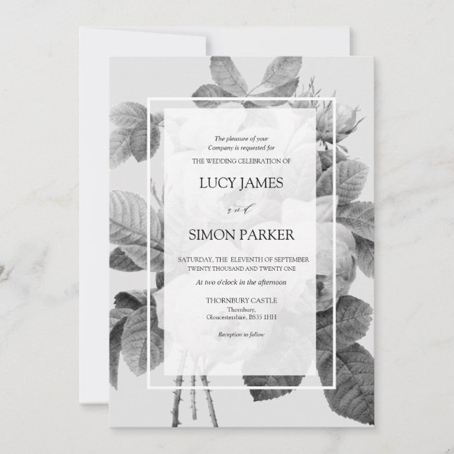 Elegant monochrome French Vintage Roses Invitation (Front)