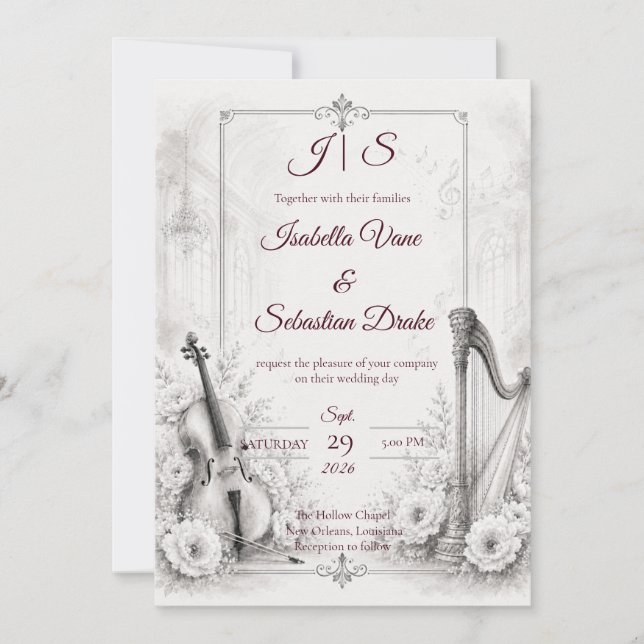 Elegant Monochrome Musical Wedding Invitation (Front)
