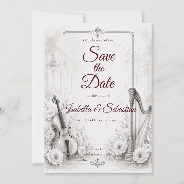 Elegant Monochrome Musical Wedding Save The Date (Front)