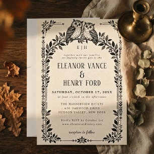 Elegant Monochrome Owl Botanical Woodland Wedding Invitation