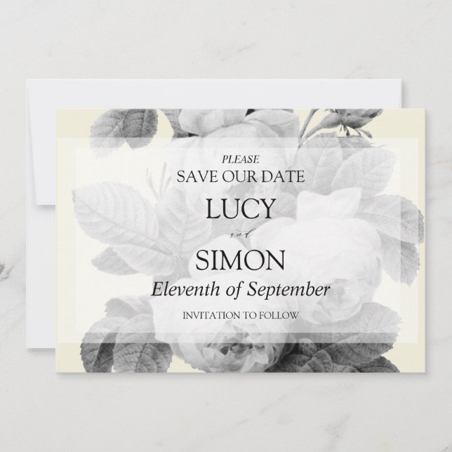 Elegant monochrome vintage French roses Save The Date (Front)