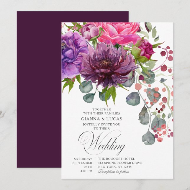 Elegant Monochrome Watercolor Floral Wedding Invitation (Front/Back)