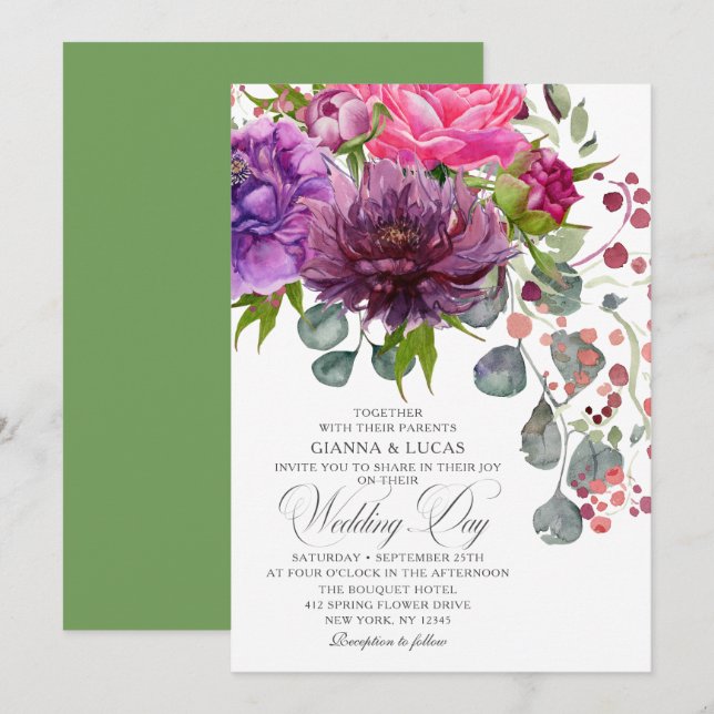 Elegant Monochrome Watercolor Floral Wedding Invitation (Front/Back)