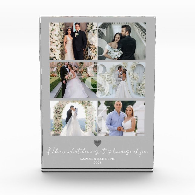 Elegant Monogram 6 Photo Collage Valentine's Gift Block (Front)