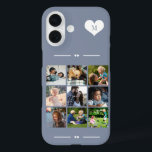 Elegant monogram 9 photo collage blue iPhone 16 case<br><div class="desc">Add nine family,  kids,  pets or best friends images and create your own beautiful photo collage phone case with your monogram name initial inside a white heart over a dusty blue background.             Easy to personalise with your custom square images and letter</div>