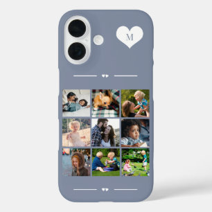 Elegant monogram 9 photo collage blue iPhone 16 case