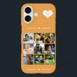 Elegant monogram 9 photo collage orange iPhone 16 case<br><div class="desc">Add nine family,  kids,  pets or best friends images and create your own beautiful photo collage phone case with your monogram name initial inside a white heart over a orange background.             Easy to personalise with your custom square images and letter</div>
