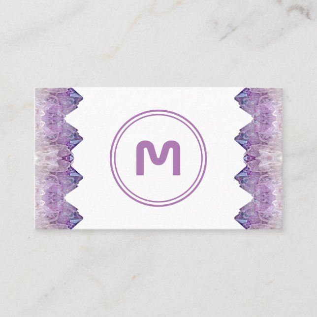 Elegant monogram amethyst two tone violet gems bus business card (Front)