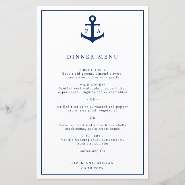 Elegant Monogram Anchor Nautical Wedding Menu (Front)