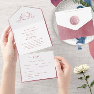 Elegant Monogram and Burgundy Watercolor Wedding All In One Invitation