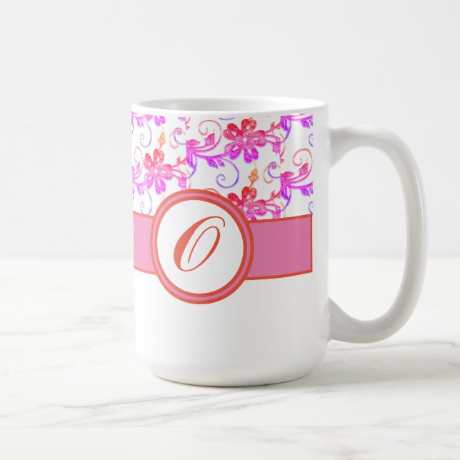 Elegant Monogram and Floral Pattern Pink Coffee Mug (Right)