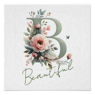 Elegant Monogram B Classic Pastel Pink Chic Peony Poster